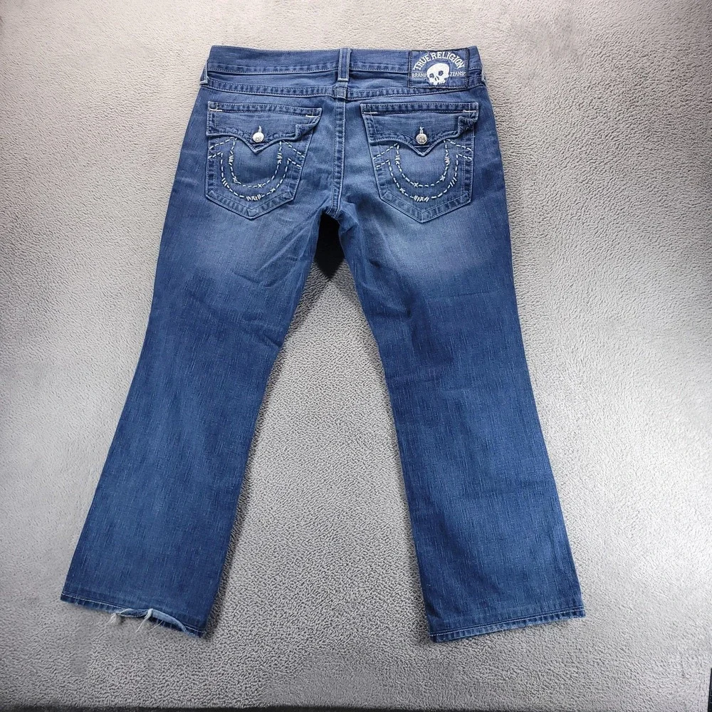 True Religion Jeans Mens 38x30 Blue Ricky Relaxed Straight Flap Pockets Skull